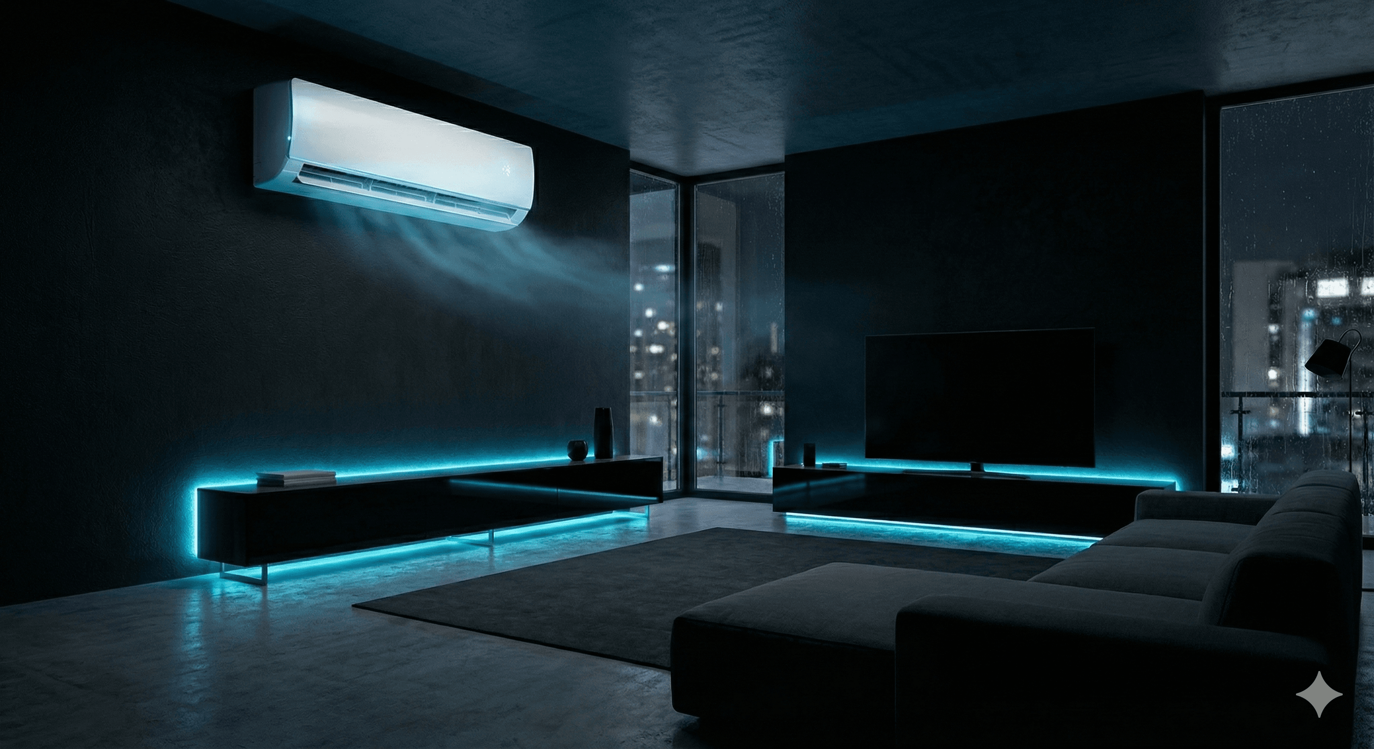Modern minimalist living room with smart climate control